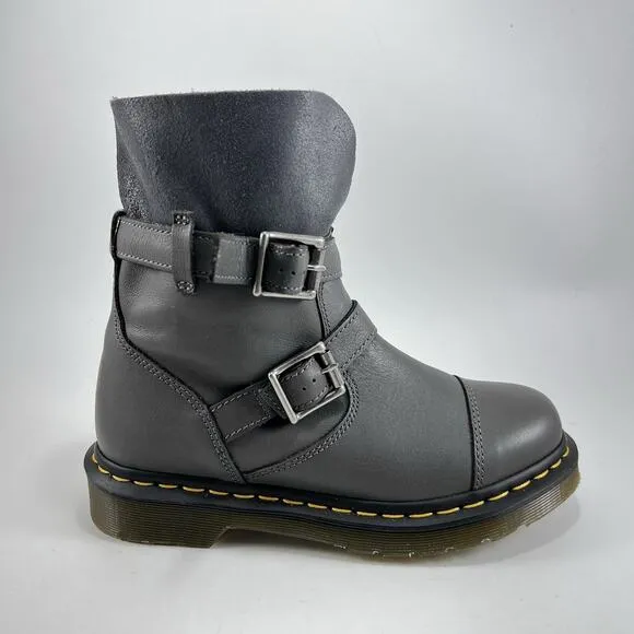 Dr Martens Kristy Gray Leather Pull On Ankle Boots Womens Size 6 Double Buckle