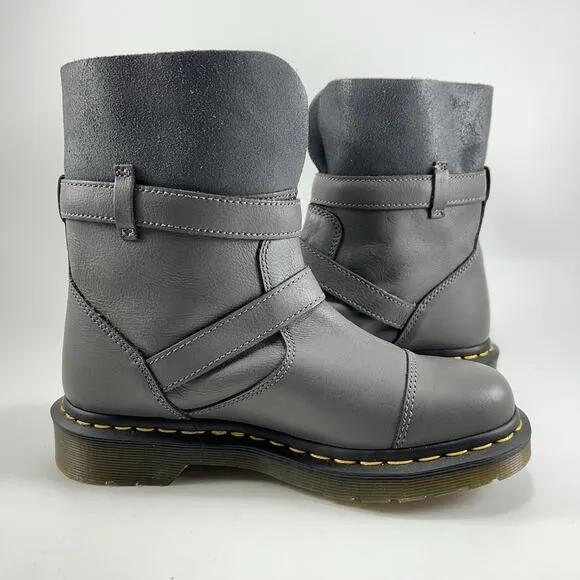 Dr Martens Kristy Gray Leather Pull On Ankle Boots Womens Size 6 Double Buckle