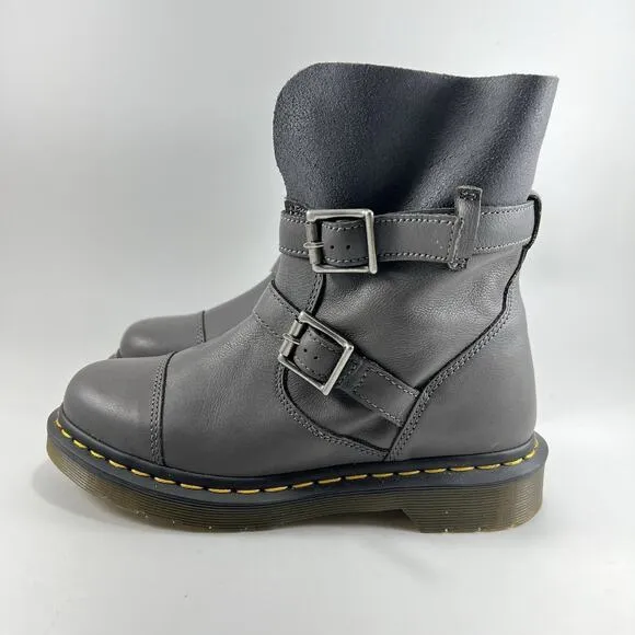 Dr Martens Kristy Gray Leather Pull On Ankle Boots Womens Size 6 Double Buckle