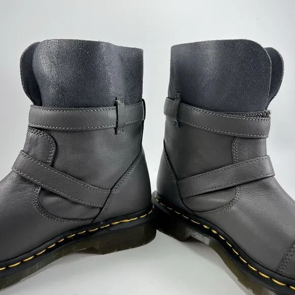 Dr Martens Kristy Gray Leather Pull On Ankle Boots Womens Size 6 Double Buckle