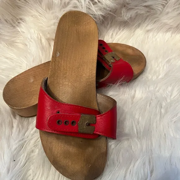 Dr Scholls Red Leather Sandals Sz 7 Womens Wood Slip On Shoes Vtg 70s 80s Italy