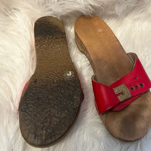 Dr Scholls Red Leather Sandals Sz 7 Womens Wood Slip On Shoes Vtg 70s 80s Italy