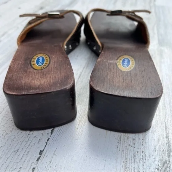 Dr. Scholl’s Y2K Wooden Sandal Leather Upper Brown‎ Brazilian Womens Size 10