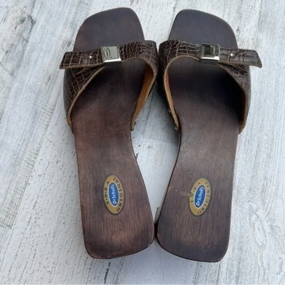 Dr. Scholl’s Y2K Wooden Sandal Leather Upper Brown‎ Brazilian Womens Size 10