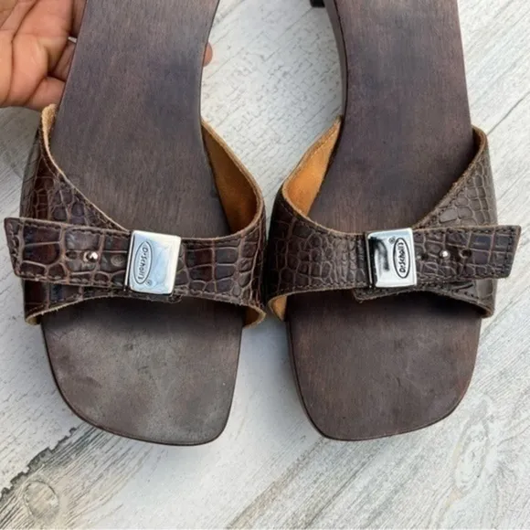 Dr. Scholl’s Y2K Wooden Sandal Leather Upper Brown‎ Brazilian Womens Size 10