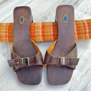 Dr. Scholl’s Y2K Wooden Sandal Leather Upper Brown‎ Brazilian Womens Size 10
