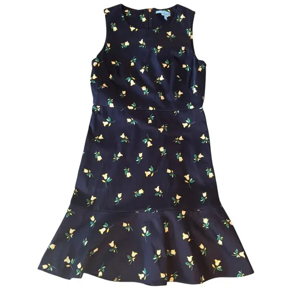 Draper James Roslyn Sheath navy floral Ruffle sleeveless dress Size 8. EUC.