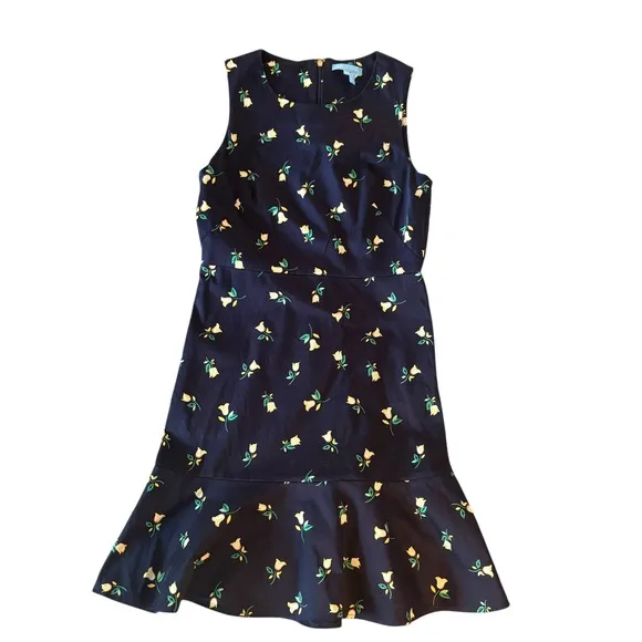 Draper James Roslyn Sheath navy floral Ruffle sleeveless dress Size 8. EUC.