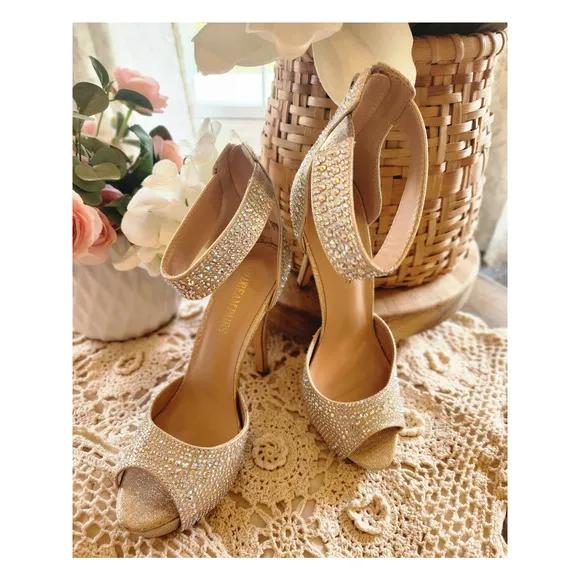 Dream Pairs High Heel Stiletto Platform‎ Pumps Gold Glitter Rhinestone size 9