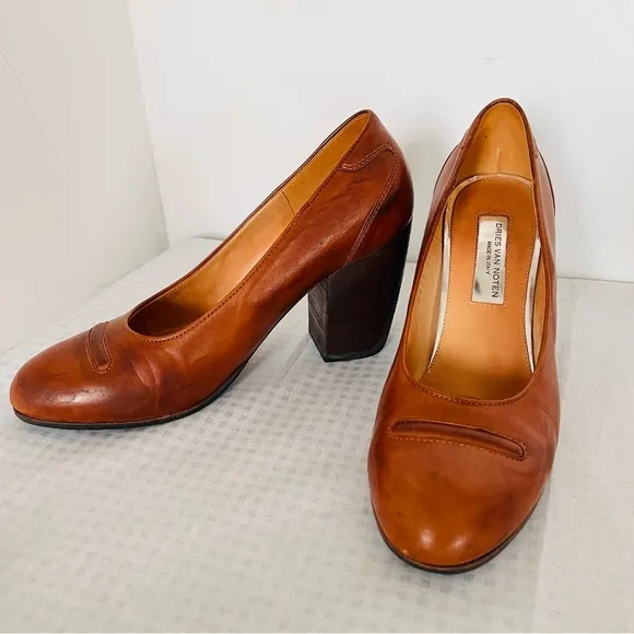DRIES VAN NOTEN Brown Leather Heels Shoes Size 37 (7 M) Italy RARE