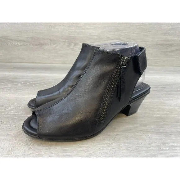 Earth Kristy Women's US 7.5B Black Leather Side Zip Ankle Strap Slingback Sandal