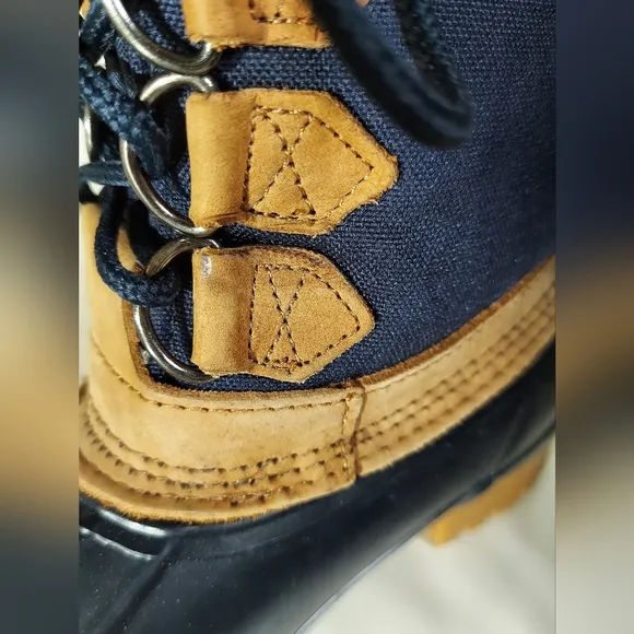 Eddie Bauer Navy Blue Nylon &amp; Tan Leather Duck Boots