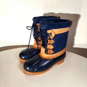 Eddie Bauer Navy Blue Nylon &amp; Tan Leather Duck Boots