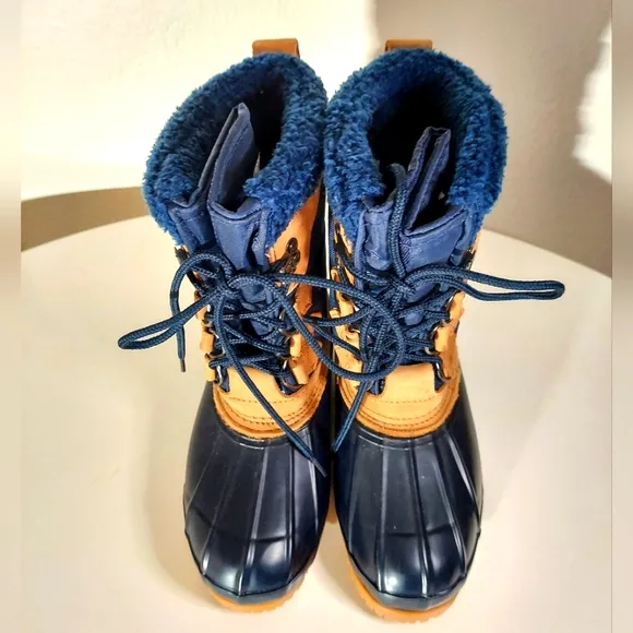 Eddie Bauer Navy Blue Nylon &amp; Tan Leather Duck Boots