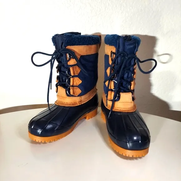 Eddie Bauer Navy Blue Nylon &amp; Tan Leather Duck Boots