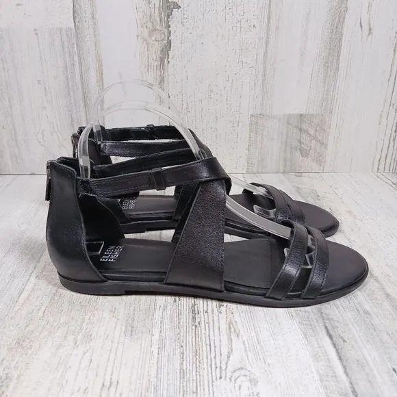 Eileen Fisher Black Leather Strappy Gladiator Flat Sandals Back Zip Comfort Shoe