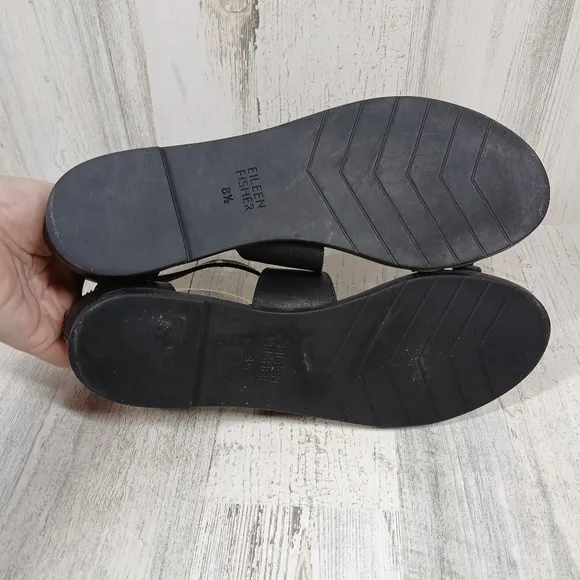 Eileen Fisher Black Leather Strappy Gladiator Flat Sandals Back Zip Comfort Shoe