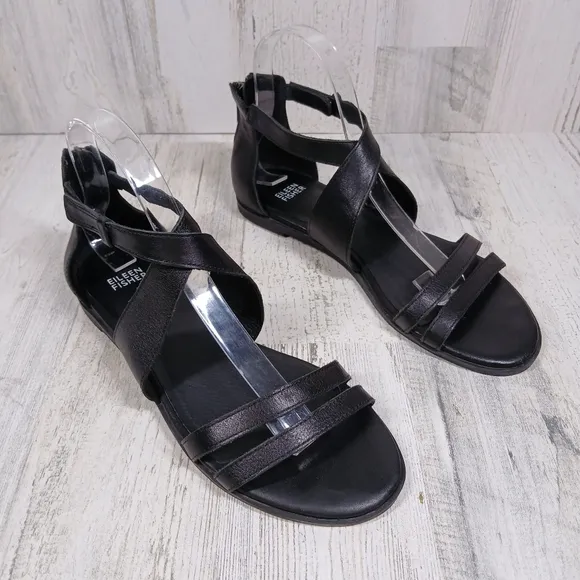 Eileen Fisher Black Leather Strappy Gladiator Flat Sandals Back Zip Comfort Shoe