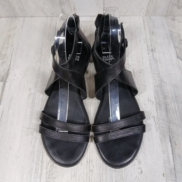 Eileen Fisher Black Leather Strappy Gladiator Flat Sandals Back Zip Comfort Shoe