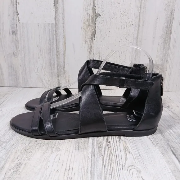 Eileen Fisher Black Leather Strappy Gladiator Flat Sandals Back Zip Comfort Shoe