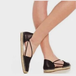EILEEN FISHER BLACK LEE D’ORSAY FLAT LEATHER ESPADRILLE SHOES SLIP-ON SHOES