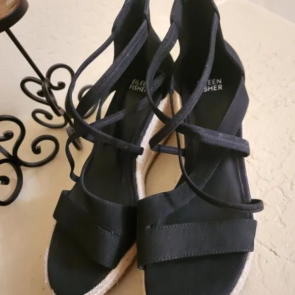Eileen Fisher Sandals 8.5 Wedge Espadrilles Black Faux Suede Casual Comfort NWOB