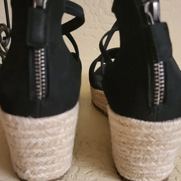 Eileen Fisher Sandals 8.5 Wedge Espadrilles Black Faux Suede Casual Comfort NWOB