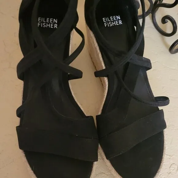 Eileen Fisher Sandals 8.5 Wedge Espadrilles Black Faux Suede Casual Comfort NWOB