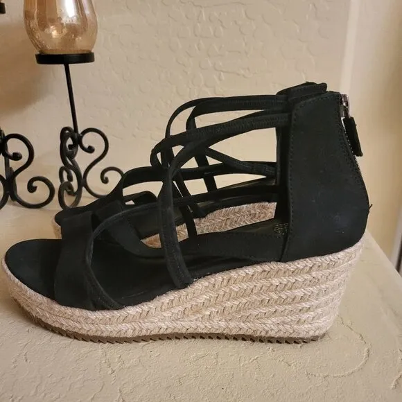 Eileen Fisher Sandals 8.5 Wedge Espadrilles Black Faux Suede Casual Comfort NWOB