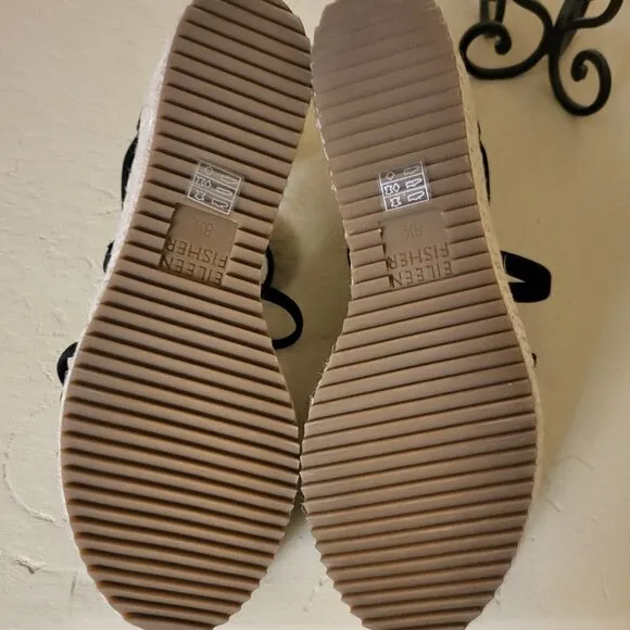 Eileen Fisher Sandals 8.5 Wedge Espadrilles Black Faux Suede Casual Comfort NWOB