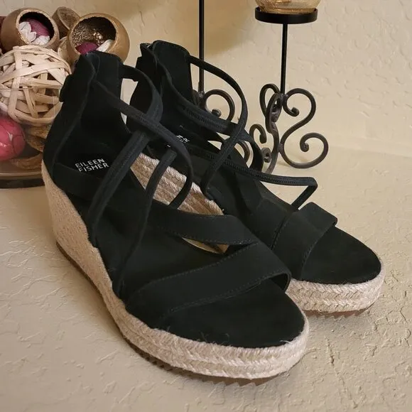 Eileen Fisher Sandals 8.5 Wedge Espadrilles Black Faux Suede Casual Comfort NWOB