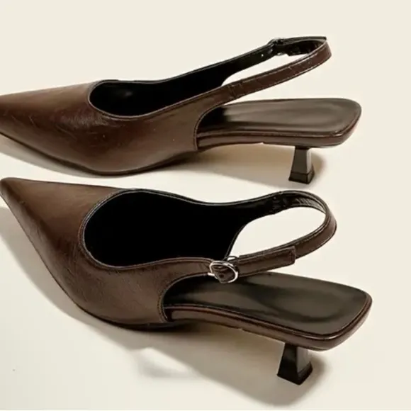 Elegant Brown Pointed toe slingback kitten heels