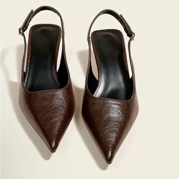 Elegant Brown Pointed toe slingback kitten heels
