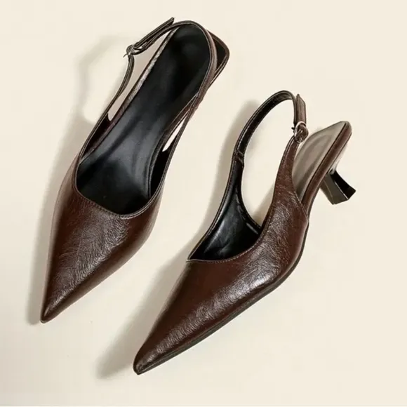 Elegant Brown Pointed toe slingback kitten heels