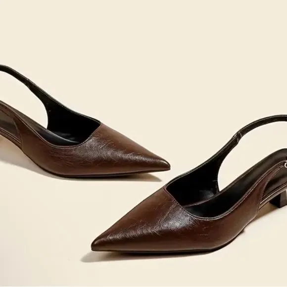 Elegant Brown Pointed toe slingback kitten heels