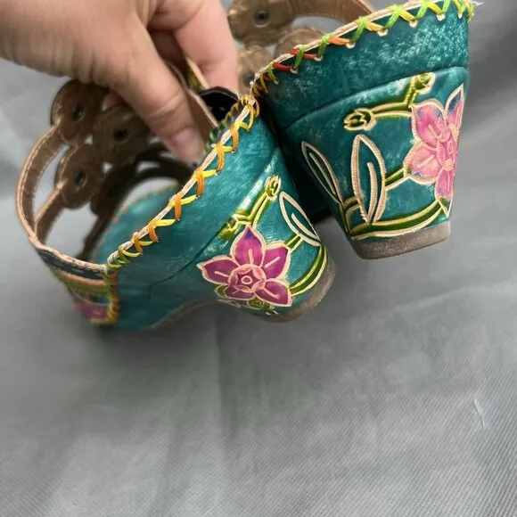 Elite by Corkys Imagination Sz 8 Blue Green Leather Sandals Heels Shoes Strappy