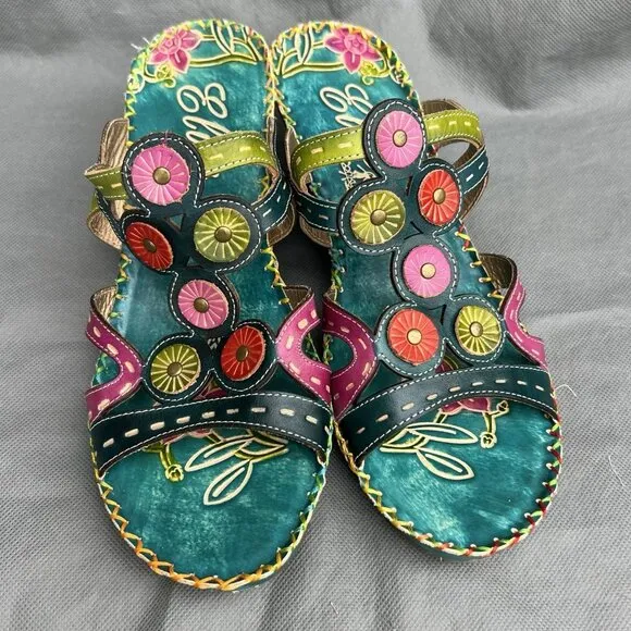 Elite by Corkys Imagination Sz 8 Blue Green Leather Sandals Heels Shoes Strappy