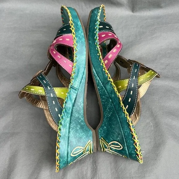 Elite by Corkys Imagination Sz 8 Blue Green Leather Sandals Heels Shoes Strappy