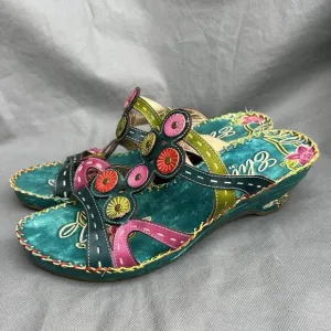 Elite by Corkys Imagination Sz 8 Blue Green Leather Sandals Heels Shoes Strappy