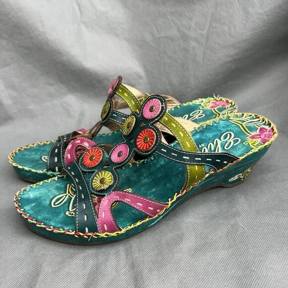 Elite by Corkys Imagination Sz 8 Blue Green Leather Sandals Heels Shoes Strappy