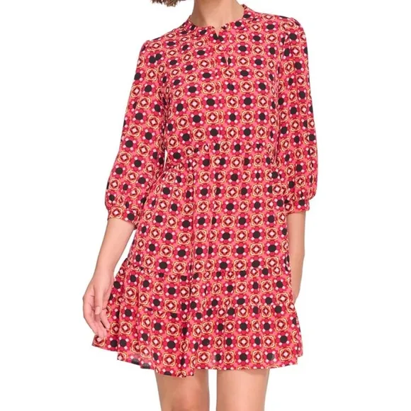 Eliza J. Pink Floral Pattern Crew Neck 3/4 Sleeve Print Dress Size 16 Pockets