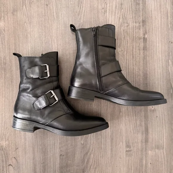 Emanuele Crasto Double buckle moto combat black boots italian leather size 8