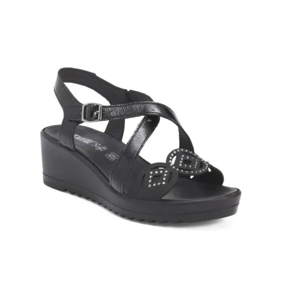 ENVAL SOFT Black Made In Italy Leather Comfort Wedge Sandals