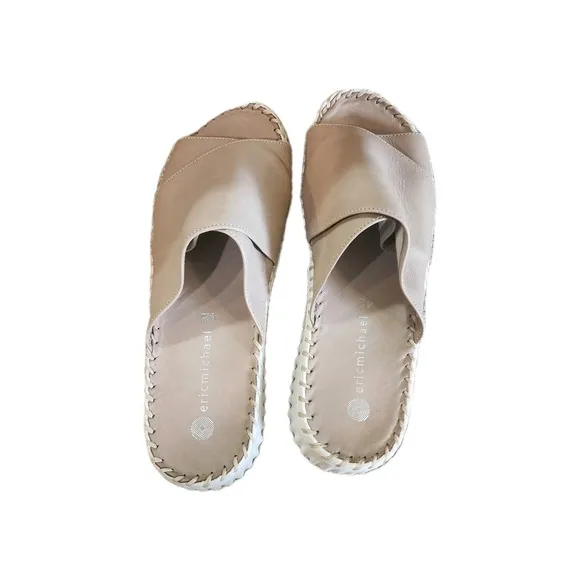 Eric Michael Gloria Open Toe Women's Leather Slide Sandals Beige 42 US 8 Comfort