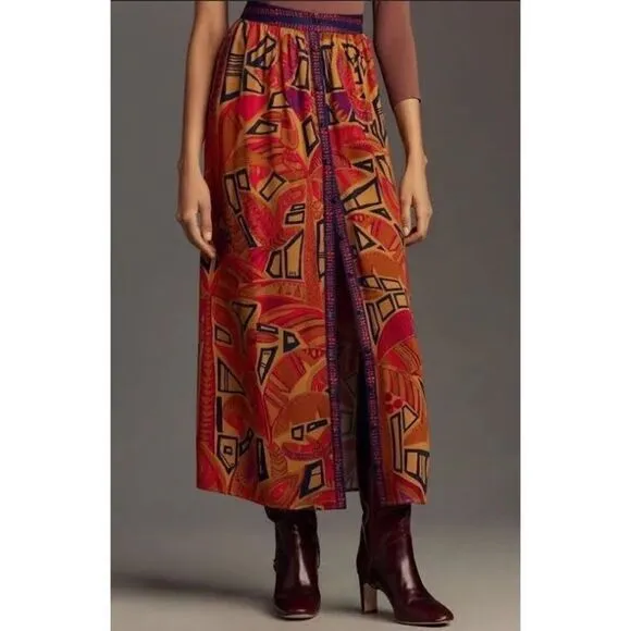 Farm Rio Anthropologie Maxi Skirt XS NWT Pink Blue Tropical Button Up Geometric