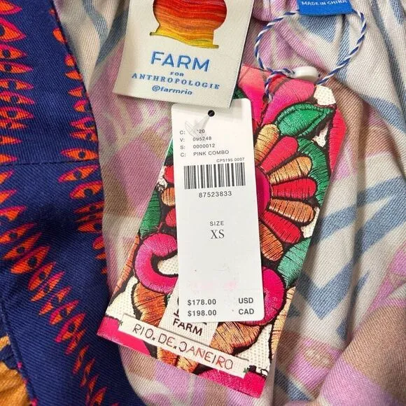 Farm Rio Anthropologie Maxi Skirt XS NWT Pink Blue Tropical Button Up Geometric