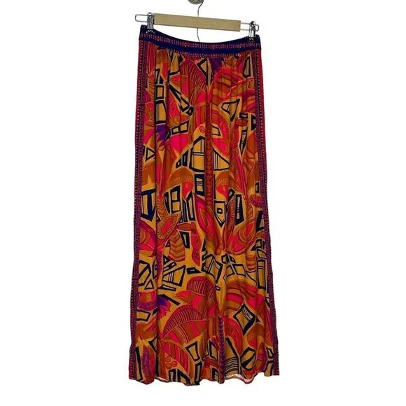Farm Rio Anthropologie Maxi Skirt XS NWT Pink Blue Tropical Button Up Geometric