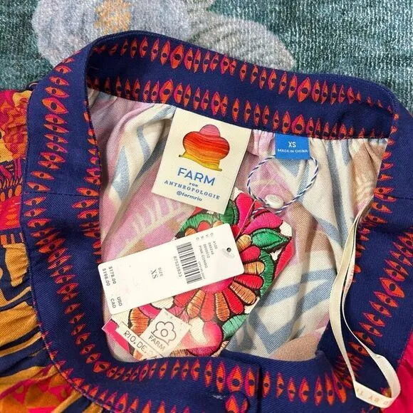Farm Rio Anthropologie Maxi Skirt XS NWT Pink Blue Tropical Button Up Geometric