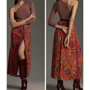 Farm Rio Anthropologie Maxi Skirt XS NWT Pink Blue Tropical Button Up Geometric