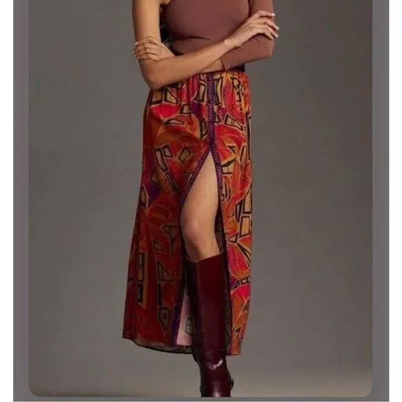 Farm Rio Anthropologie Maxi Skirt XS NWT Pink Blue Tropical Button Up Geometric